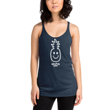 Young female adult wearing a Alter Ego Hawaii racerback tank top that has a Hawaii themed graphic logo on the front.